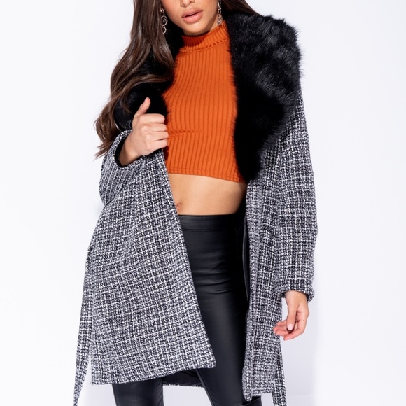 SALE! LAST 1! Plaid Fur Collar Trench Coat Jacket - Picture 3 of 8